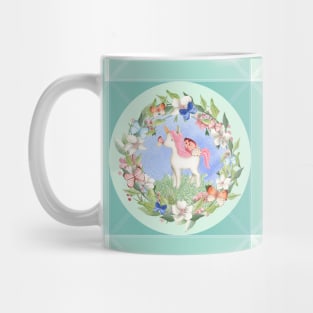 Butterfly Kisses - Cute baby Unicorn, flowers and butterflies, Green pattern surround Mug